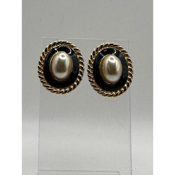 Vintage Gold-Tone & Black Oval Earrings With Faux Pearl Center - Picture 2 of 7